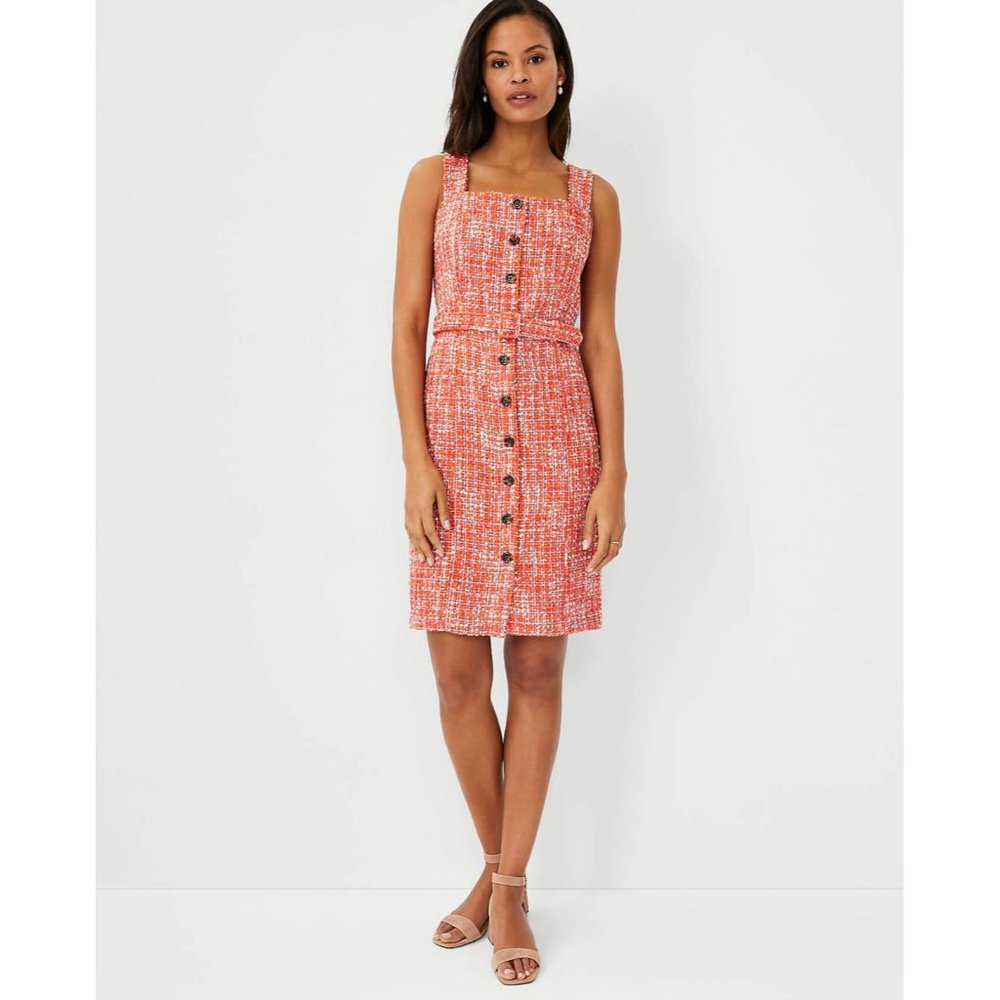 Ann Taylor Orange Square Neck Tweed Button Sheath Dress 579649